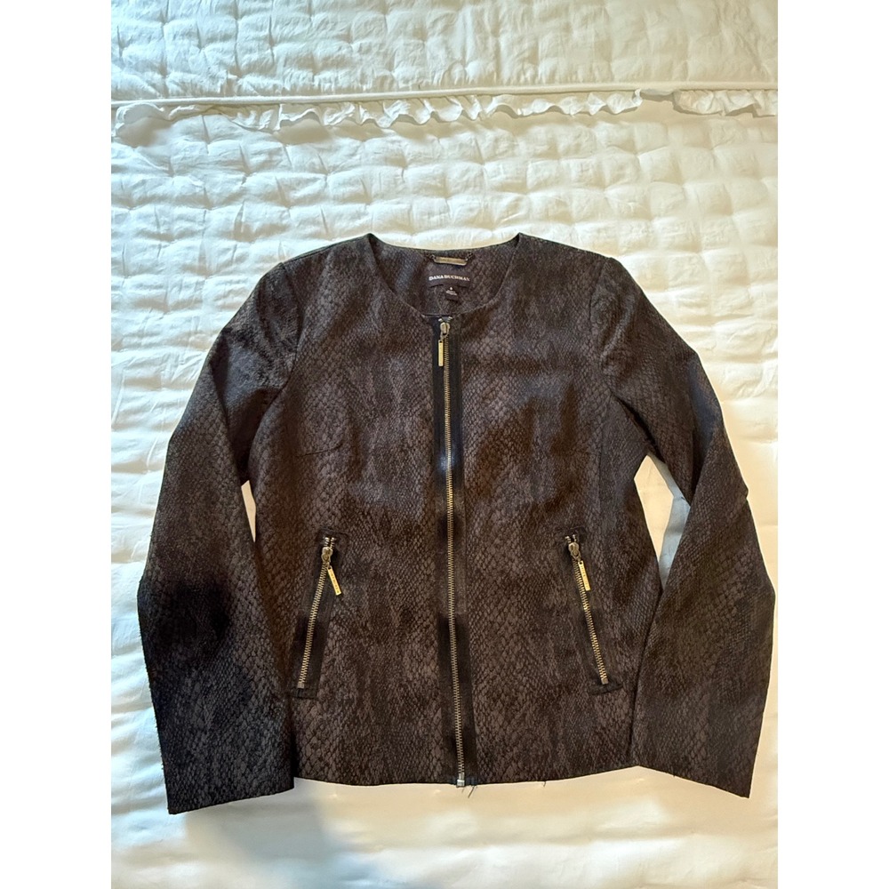 Dana Buchman Womens Brown Snakeskin Print Zip Front Collarless Jacket Size 6